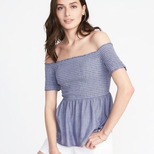 Women's Blue Relaxed Off-the-shoulder Smocked Top